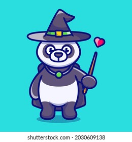 Halloween cute panda wizard with hat, cloak, love and wand