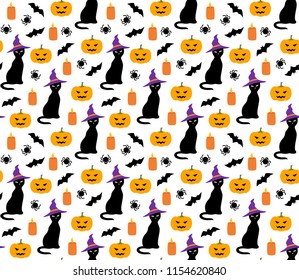 Halloween cute pattern with cat, pumpkin and bat vector