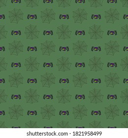 Halloween cute pattern with spiders and cobweb. Vector in cartoon style. Kawaii. Trick or treat. Holiday symbols. Funny illustration. For fabric, textile, postcards, posters, backgrounds and papers.