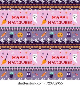 Halloween cute pattern for web banners, wrapping paper and party invitations with ghosts, pumpkin, brooms, candies, graves and cauldron. Ugly sweater motifs. 8-bit pixel art style.