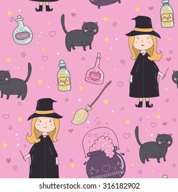 Halloween cute pattern of a witch.Witch, broom, cauldron potion, a black cat, a potion in glass jars. It can be used for design Halloween party invitations, scrapbook.