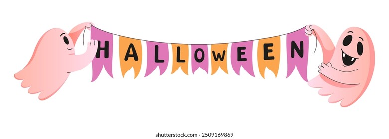 Halloween cute pink ghost. Garland of flags. Happy Halloween background. fly funny spook. Halloween spooky cartoon poltergeist. Text with characters for your party. Vector flat illustration.