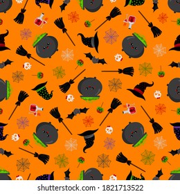 Halloween cute pots vector pattern with bats, brooms. Cartoon style. Kawaii. Trick or treat. Holiday symbols. Funny illustration. For fabric, textile, postcards, posters, backgrounds and papers.