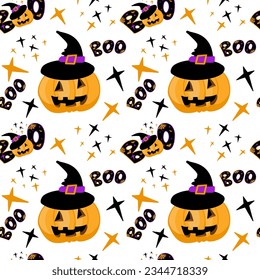 Halloween cute pumpkin and boo seamless pattern. Vector illustration