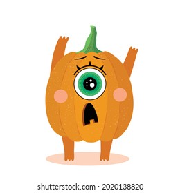 Halloween. Cute pumpkin character. One-eyed monster. Scare.  Vector illustration in a flat style. Isolated on a white background. For design