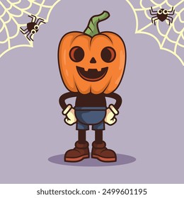 Halloween cute pumpkin characters vintage hand drawing illustrations