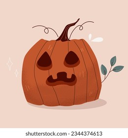 Halloween cute pumpkin with face scares background isolated illustration. Vector Cartoon Illustration. A design element for the design of posters, icons, stickers, postcard