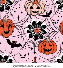 Halloween cute Pumpkin, flowers and spider web Seamless Pattern texture. Modern pink, orange and black girlish Background. Floral holiday Print colors for textile, wrapping paper, wallpaper, web