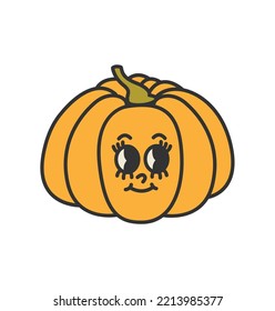 Halloween cute pumpkin. Funny retro face. Vector design on isolated background. Cartoon style. For print and web.