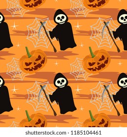 Halloween cute pumpkin and grim reaper seamless pattern. vector illustration for fashion textile print and wrapping with festive design.