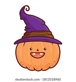 halloween cute pumpkin with hat witch, in white background vector illustration design