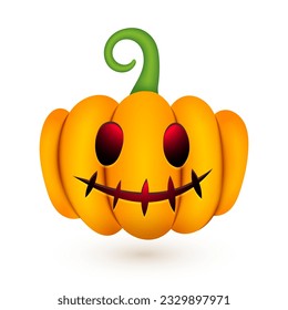 Halloween cute pumpkin. Realistic 3d pumpkin with scary smile funny face on white background for autumn holiday. Vector Halloween illustration for decoration, fashion print design, banner, advert, app