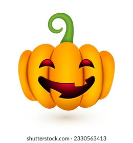 Halloween cute pumpkin. Realistic 3d pumpkin with scary smile funny face on white background for autumn holiday. Vector Halloween illustration for decoration, fashion print design, banner, advert, app