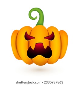Halloween cute pumpkin. Realistic 3d pumpkin with scary evil face on white background for autumn holiday. Vector Halloween illustration for decoration, fashion print design, banner, app, advert.