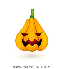 Halloween cute pumpkin. Realistic 3d pumpkin with scary smile evil face on white background for autumn holiday. Vector Halloween illustration for decoration, fashion print design, banner, app, advert.