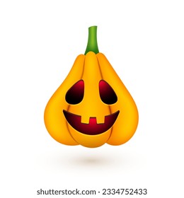 Halloween cute pumpkin. Realistic 3d pumpkin with scary smile funny face on white background for autumn holiday. Vector Halloween illustration for decoration, fashion print design, banner, advert, app