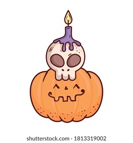 halloween, cute pumpkin and skull with candle, on white background vector illustration design