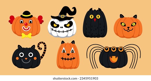 Halloween cute pumpkins with faces. Cats, skull, spider, clown, owl faces. Holiday funny spooky characters. 