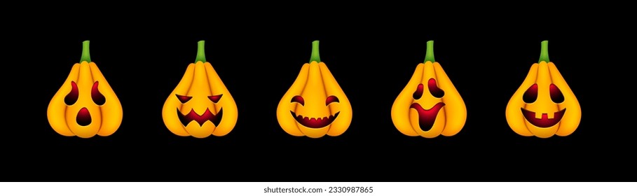 Halloween cute pumpkins set. Realistic 3d pumpkins with scary funny faces collection on black background for autumn holiday. Vector illustration.