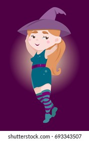 halloween cute redhead  witch dances/vector illustration