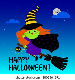 Halloween cute redhead witch in a hat flying on a broomstick. Kawaii style. Vector illustration. With text. For flyers, invitations, cards, posters.