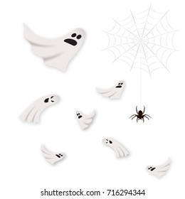 Halloween cute and scary ghosts set isolated on white, vector illustration. Realistic spider, web, graphic elements.