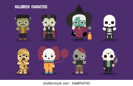 Halloween cute scary monster characters set