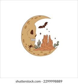 Halloween cute scull crescent with desert landscape retro illustration isolated on white. Western All Saints' Day moon clip art. Howdy cartoon creepy half moon design element. 