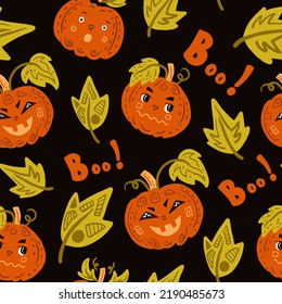 Halloween cute seamless background with pumpkins leaves lettering. Funny hand drawn repeat funny falling pumpkin characters endless pattern. Festive vector illustration ornament