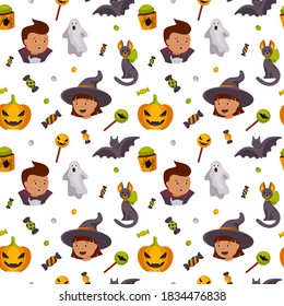 Halloween cute seamless pattern with a kids, cat, pumpkin and sweets. Children design for clothes, wrapping paper, textile, fabric, wallpaper. Vector illustration