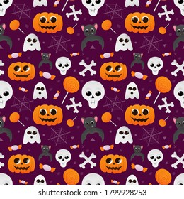 Halloween cute seamless pattern with pumpkins, ghosts, bats, skulls and sweets for textile, print, holiday wrapping paper, trick or treat party