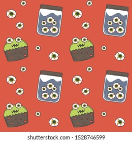 halloween cute seamless vector pattern background illustratiom with monster cupcakes and creepy jar with eyes