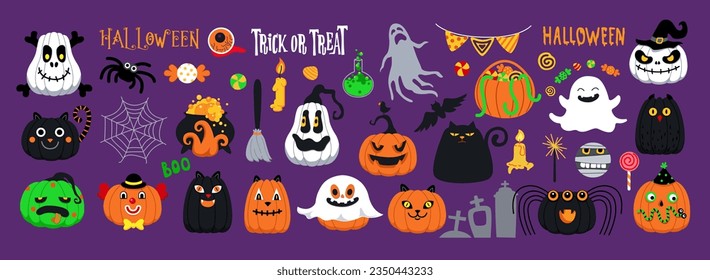 Halloween cute set of creatures, ghosts, pumpkins with faces, lettering. Cats, skull, spider, clown, owl faces. Holiday funny spooky characters. 