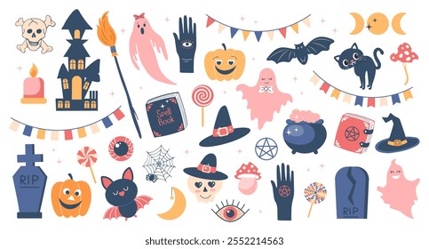 Halloween cute set of elements. Pumpkins, spell book, scary cat, bat, ghosts, witch hat. Flat style illustration