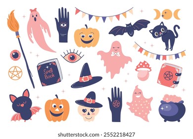 Halloween niedlichen Satz von Elementen. Kürbisse, Zauberbuch, gruselige schwarze Katze, Fledermaus, Geister, Hexenhut. Flache Illustration