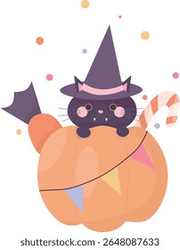 Halloween cute set of elements. Pumpkins, scary black cats. Vector illustration in flat style