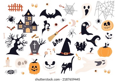 Halloween cute set in flat cartoon design. Bundle of old castle, bat, web, ghost, candy, tree, gravestone, broom, witch cap, key, pumpkin, black cat and other. Vector illustration isolated elements