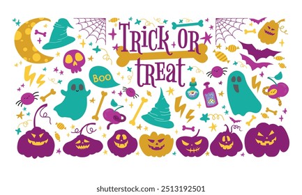 Halloween cute set with ghost, potion, branches, moon, leaves, pumpkins, stars, eyes and candies.