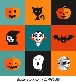 Halloween cute set of icons - Jack-o'-lantern pumpkin, black cat, ghost, Dracula, skull, zombie