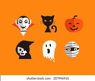 Halloween cute set of icons - Jack-o'-lantern pumpkin, black cat, ghost, Dracula, skull, zombie