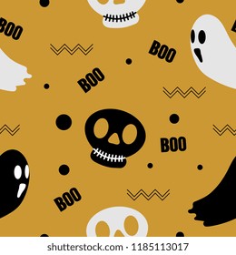 Halloween cute skull and ghost with boo seamless pattern. vector illustration for fashion textile print and wrapping with festive design.