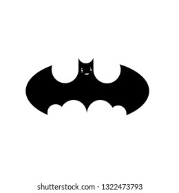 halloween  cute smiling face , black bat silhouette  icon logo illustration on white background
