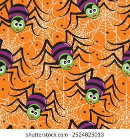 Halloween Cute Spider Seamless Pattern with Spider Web Background-Halloween Vector Illustration