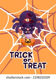 Halloween cute spider trick or treat and white web on orange background. lovely and spooky kawaii cartoon character. Vector illustration flat design.