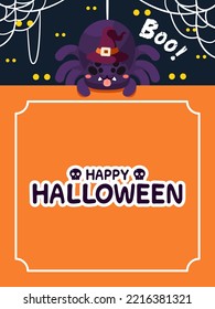 Halloween cute Spider wear witch hat holds on the edge orange board. lovely and spooky cartoon character. Vector illustration flat design for banner, poster, template, and background.