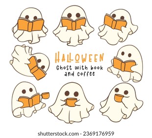 Halloween Cute spooky Ghost with book and coffee Cartoon outline Doodle Drawing Set. Ideal for holiday-themed designs, greeting card, decorations, and more.