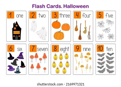 Halloween Cute Spooky Holiday Symbols Number Learning Printable Flash Cards, Educational English Worksheet For Kids, Nursery, Kindergarten, Pre-school Or Leisure Activity, Teacher Resources, Game