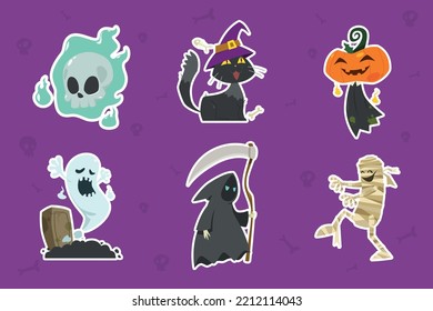 Halloween Cute spooky icon: Skull, Pumpkin, Cat, Ghost, Mummy, Reaper.
