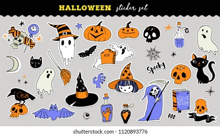 Halloween cute stickers collection. Hand drawn vector illustration