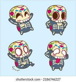 halloween cute sugar skull sticker set, dia de muertos vector illustration